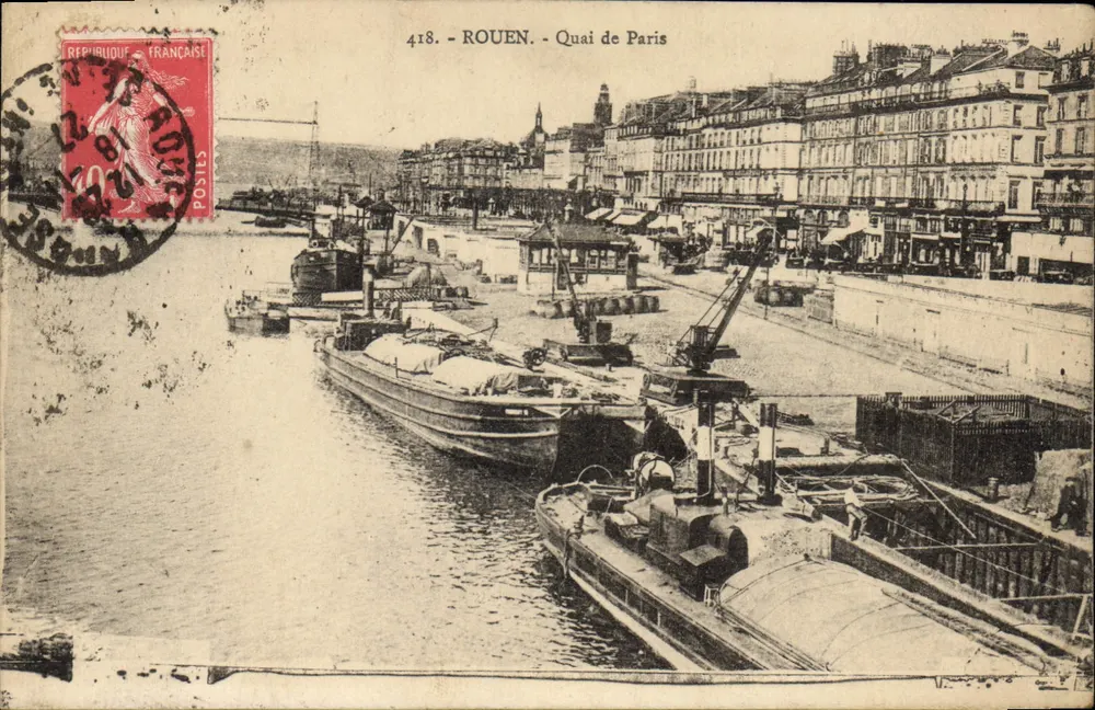 Rouen - Margem de Paris — vista do porto com barcos — editor V. L. n° 418 - Frente