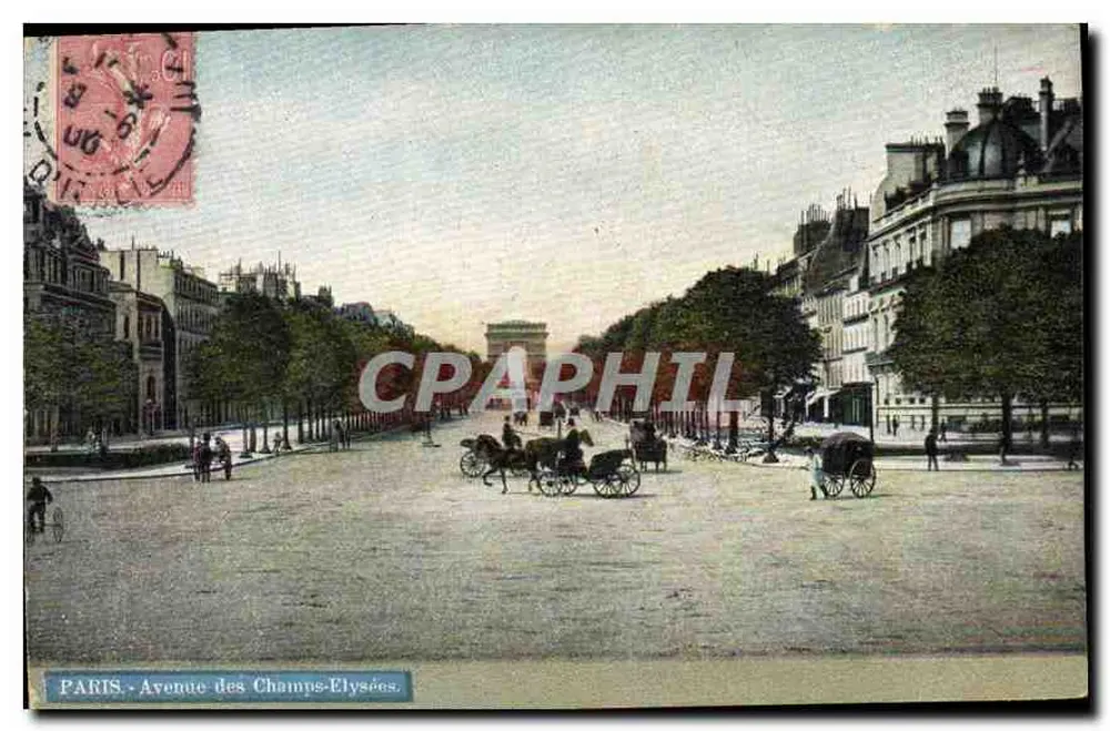 PARIS - Avenida dos Campos Elísios — vista panorâmica com carruagens e Arco do Triunfo — editor S. editor 1042 - Frente