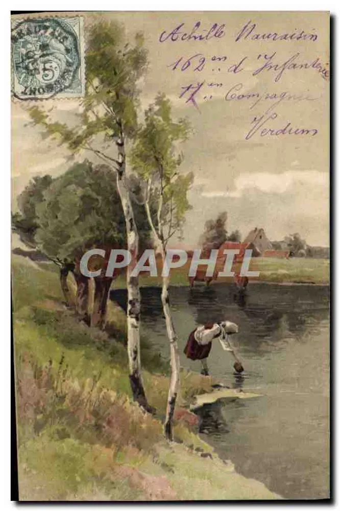 Frau am Fluss — ländlicher Landschaft — unbekannter Verlag - Vorderseite