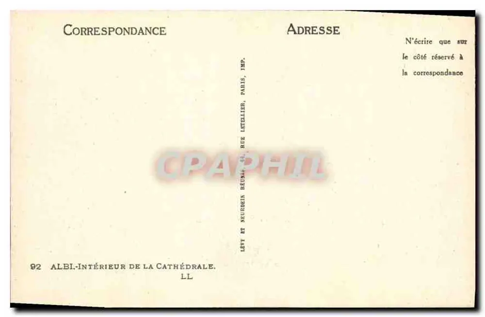 Interior da catedral de Albi — vista do altar e do órgão — editor Albi, Imp. Letellier, Paris - Verso