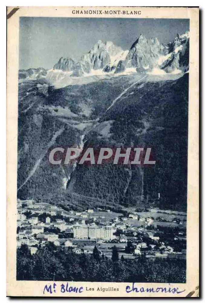 Chamonix-Mont-Blanc — vista panorâmica com as Aiguilles do Mont-Blanc — G. Torraz, fot.édit. Chamonix-Mont-Blanc - Frente