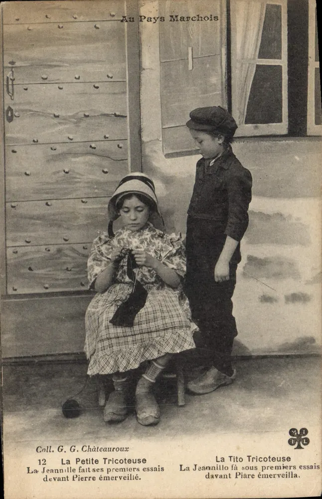 La Petite Tricoteuse — La Jeannille fait ses premiers essais devant Pierre émerveillé — Coll. G. G. Châteauroux, n°12 - Vorderseite