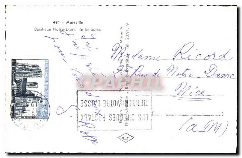 Basílica Nossa Senhora da Guarda — Marselha — editor Ary, n°481 - Verso