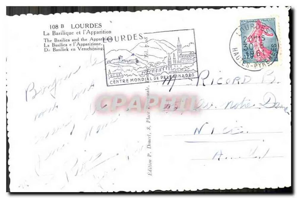 Lourdes — Verschijning van Onze Lieve Vrouw — Uitgave P. Douat, n°108 B - Achterkant