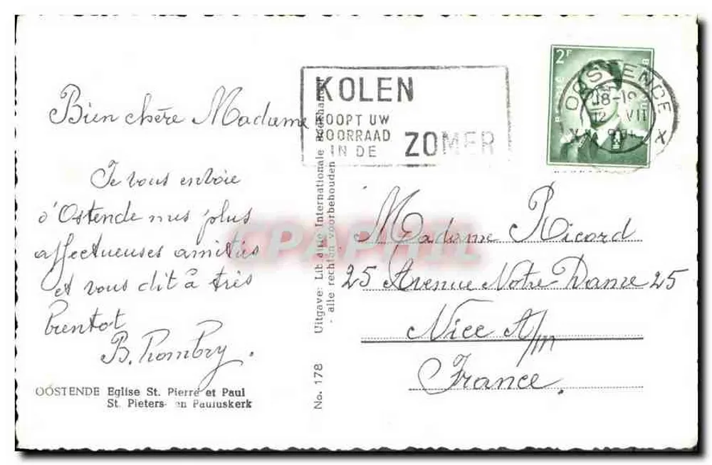 Igreja de São Pedro e São Paulo de Ostende — Bilhete postal antigo n°178 — Editor: Uitgave Lib. Internationale - Verso