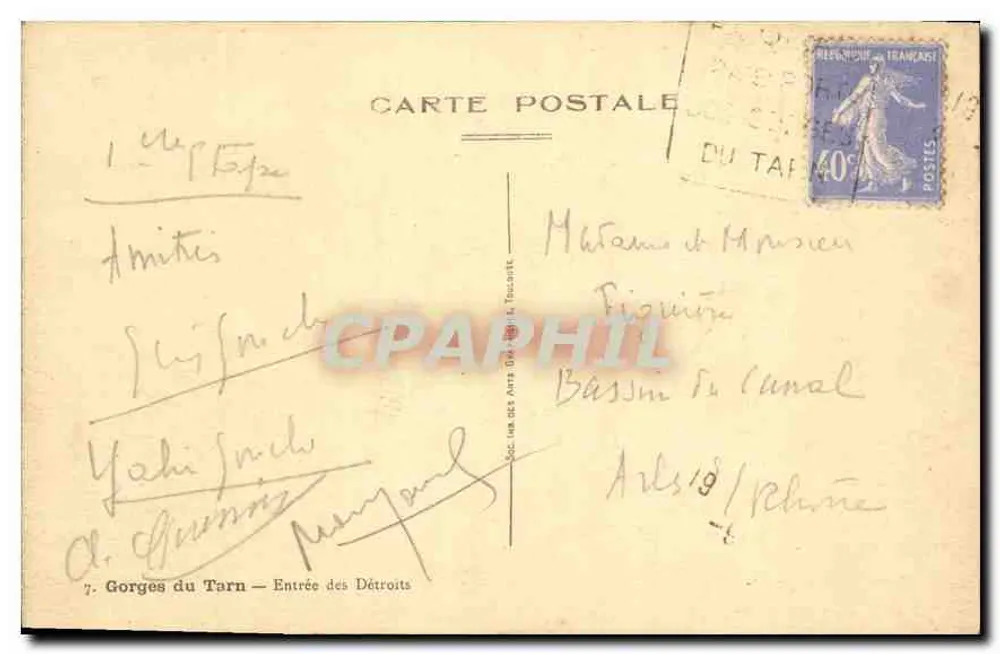 Gorges do Tarn — Entrada dos Détroits — Editor: Arts et Rhône, n°7 - Verso