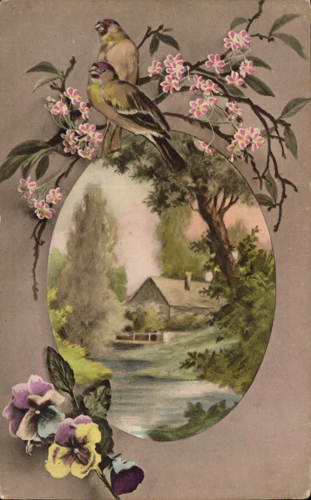 Dois pássaros em galho florido — paisagem rural em ovale — Luxographie, Paris, n° 57 - Frente