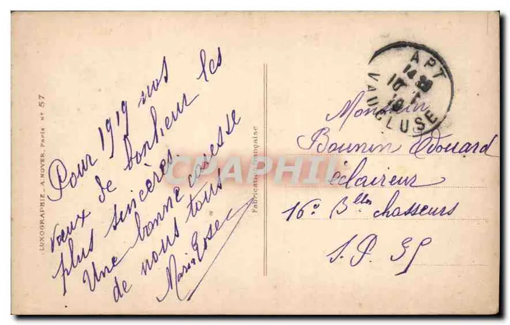 Dois pássaros em galho florido — paisagem rural em ovale — Luxographie, Paris, n° 57 - Verso