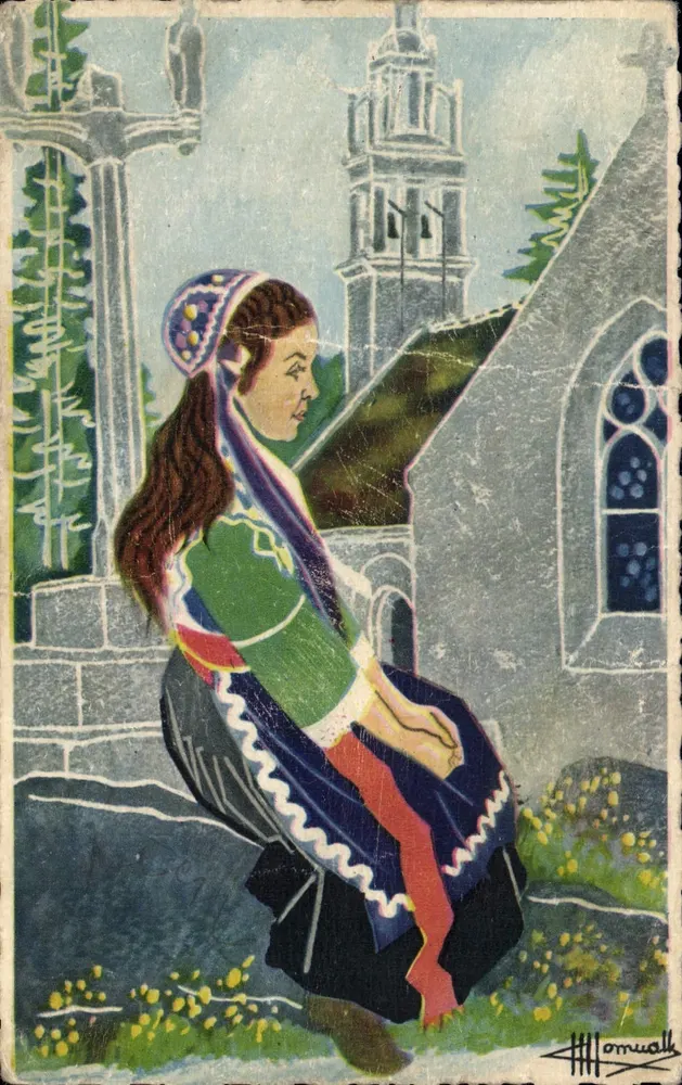 Frau im Bretonischen Kleid — Vor der Kirche — Aquarellreproduktion von Charles Homuark - Vorderseite