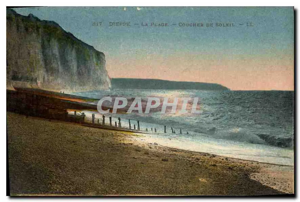 Dieppe — A Praia — Pôr do Sol — Editor LL, n° 817 - Frente