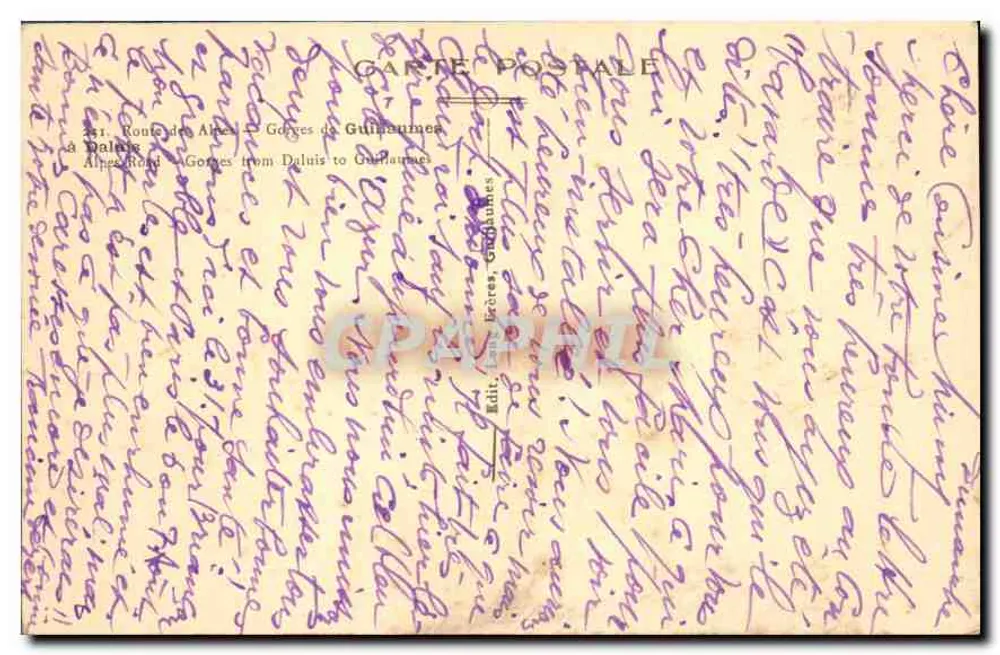 Gorges de Guillaume — Estrada das Alpes — editor Mario, n° 241 - Verso