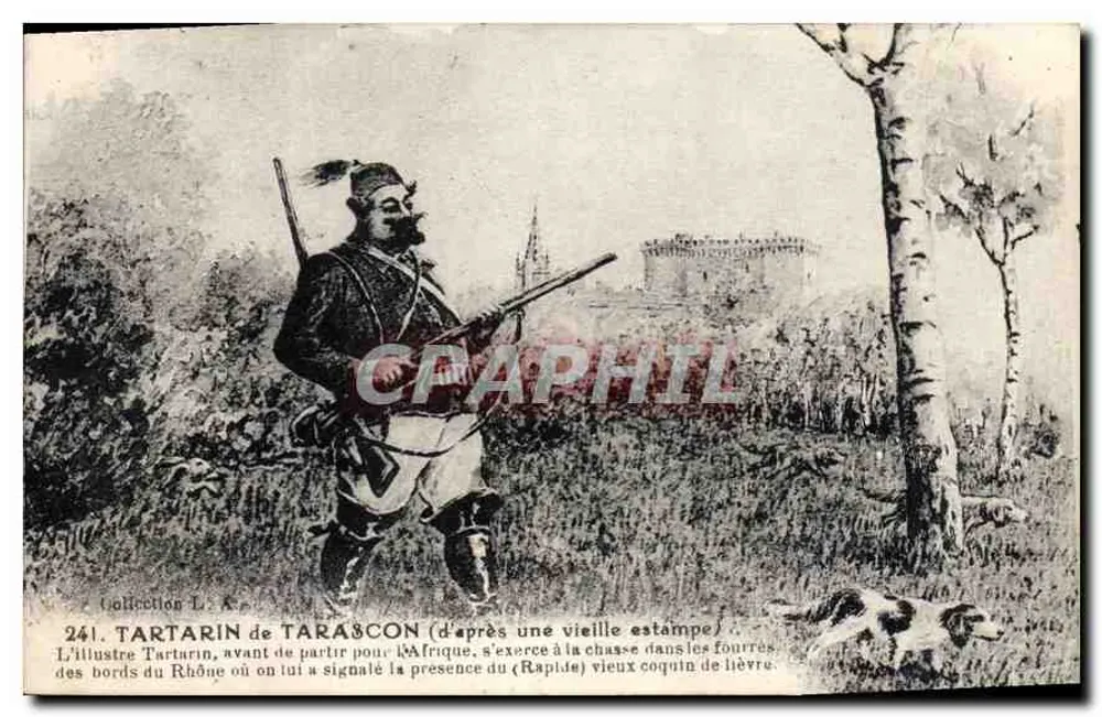 Tartarin de Tarascon — vor der Abreise nach Afrika übt er im Gebüsch am Ufer des Rhône-Jaques die Jagd — Sammlung L. K. - Vorderseite