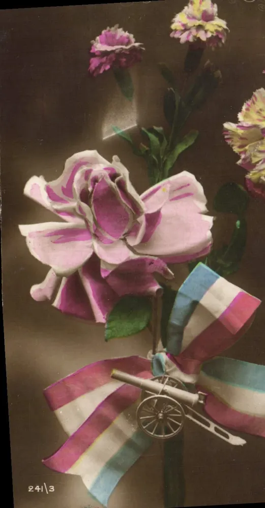 Arranjo de flores — rosa e pêssegos — com canhão miniatura e fita tricolor — n° 241/3 - Frente