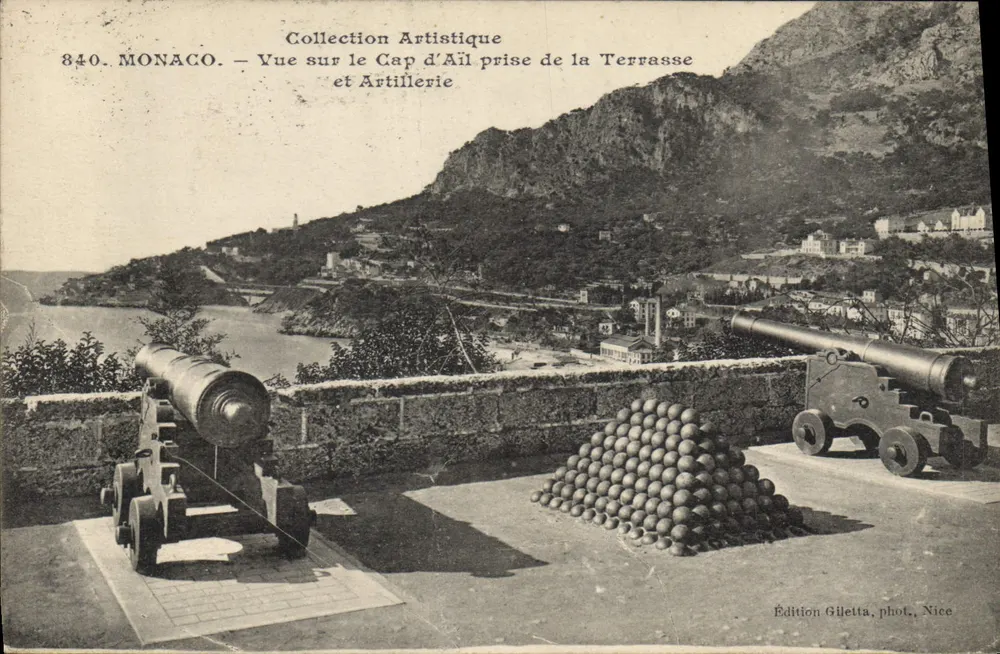 Monaco — Ansicht des Cap d'Aïl von der Terrasse und Artillerie — Edition Giletta, Foto Nice - Vorderseite