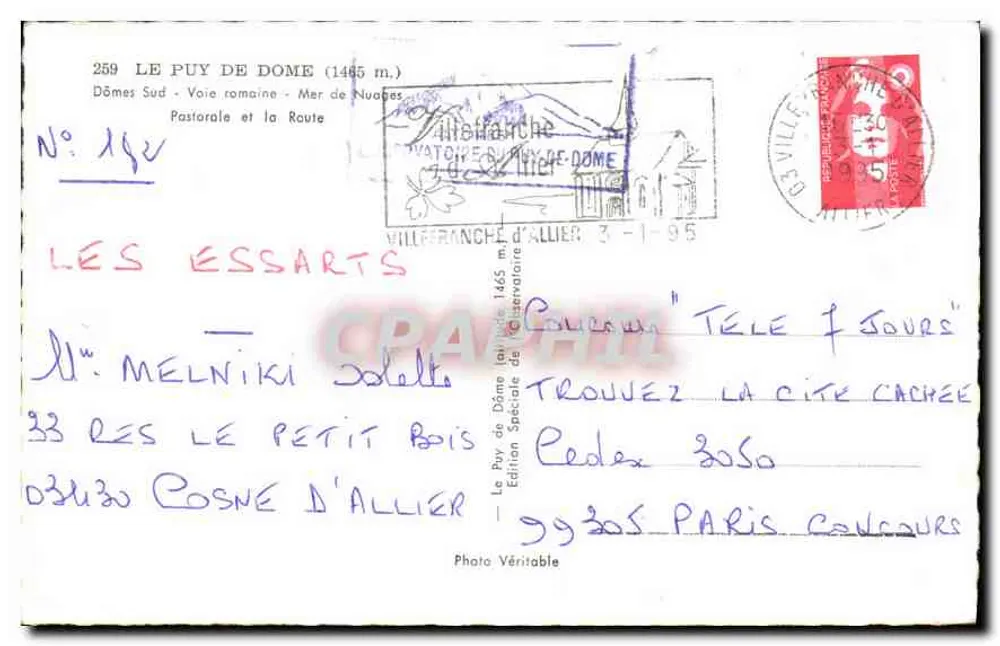 Puy-de-Dôme — Souvenir du Puy-de-Dôme (alt. 1465 m) — Édition Spéciale de l'Observatoire - Verso