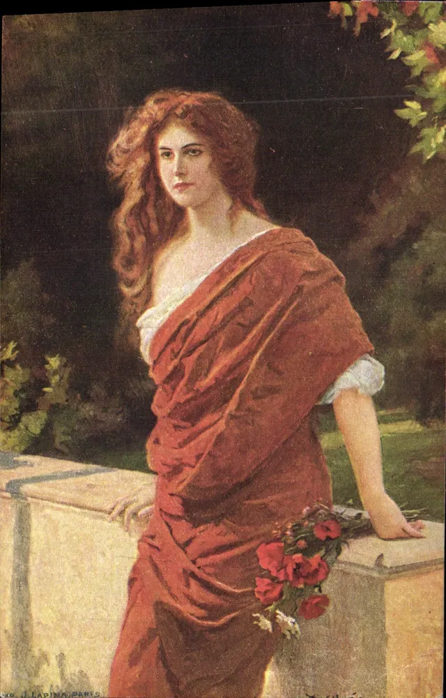 Mulher em vestido vermelho — paisagem noturna — J. LAPINA, Paris - Frente