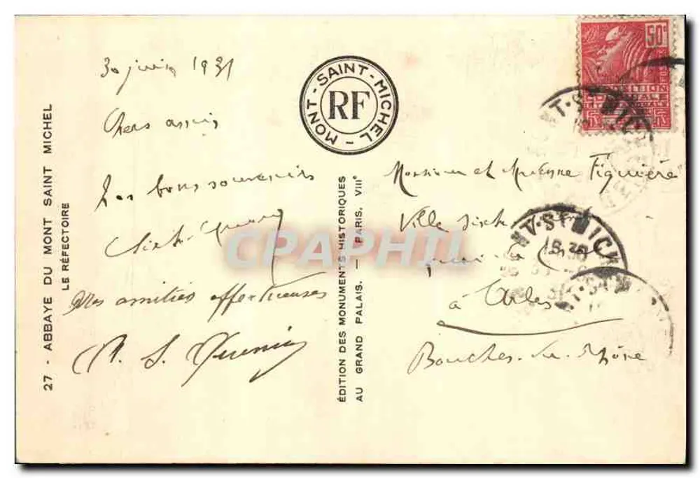 Abtei Mont-Saint-Michel — Refektorium — Édition des Monuments Historiques, Paris, n°27 - Rückseite
