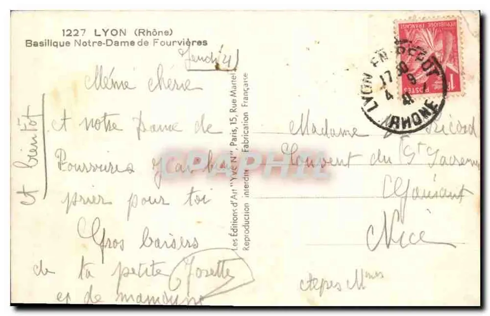 Basílica Nossa Senhora de Fourvières — Lyon — Edições de Arte 'Yves N.' - Verso