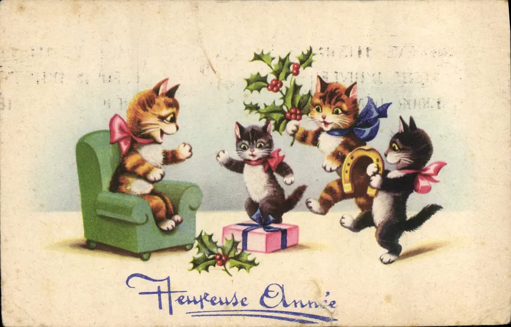 Trois chats jouant avec un cadeau et de la houx — Heureuse Année — Éditeur : Éditions Univers, Paris - Frente