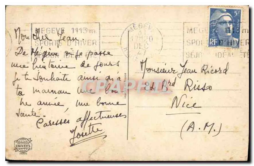 Trois chats jouant avec un cadeau et de la houx — Heureuse Année — Éditeur : Éditions Univers, Paris - Verso