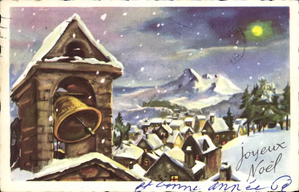 Vista de aldeia nevada com torre sineira — editor M.D. Paris, série 1975 - Frente
