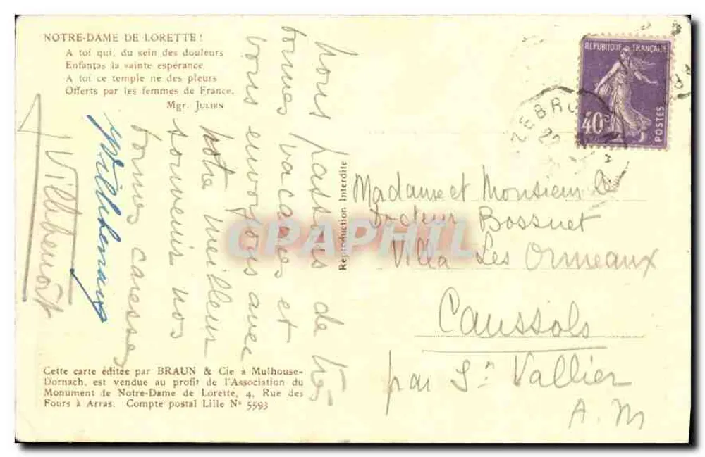 N.D. DE LORETTE — La chapelle — Vue prise le 10 mars 1928 — éditée par BRAUN & Cie à Mulhouse-Dormanch - Rückseite