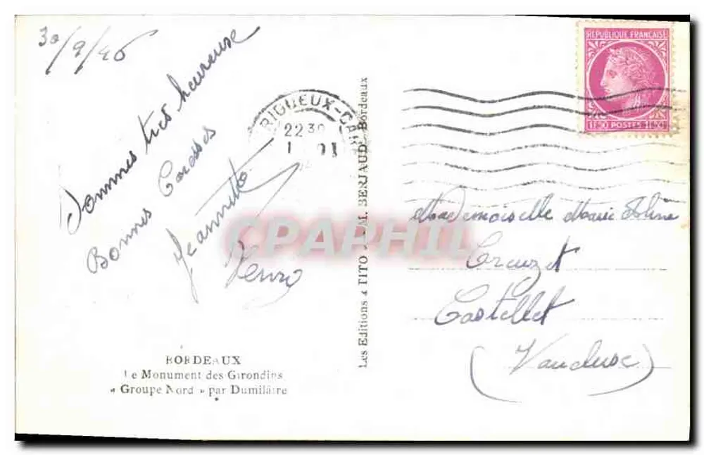 Monumento dos Girondinos — Grupo Norte por Dumilâtre — Edições Tito & Beriaud, Bordeaux - Verso