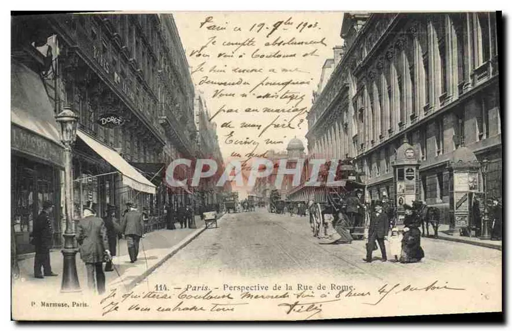 Paris — Perspectiva da Rue de Rome — P. Marmaise, Paris, n° 114 - Frente