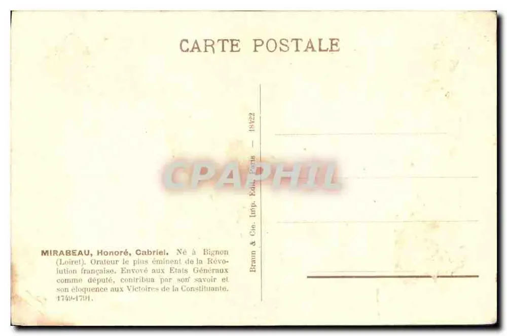 Mirabeau — Retrato em busto gravado — Braun & Cie, Paris, n° 22 - Verso