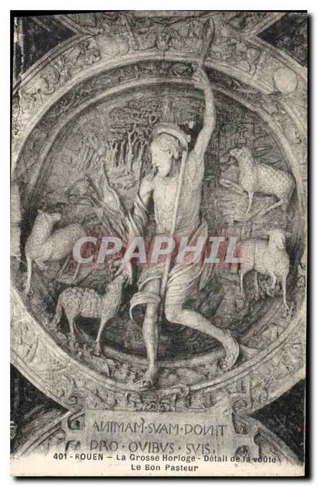 Rouen — Die Große Uhr — Detail der Wölbung — Der Gute Hirte - Vorderseite