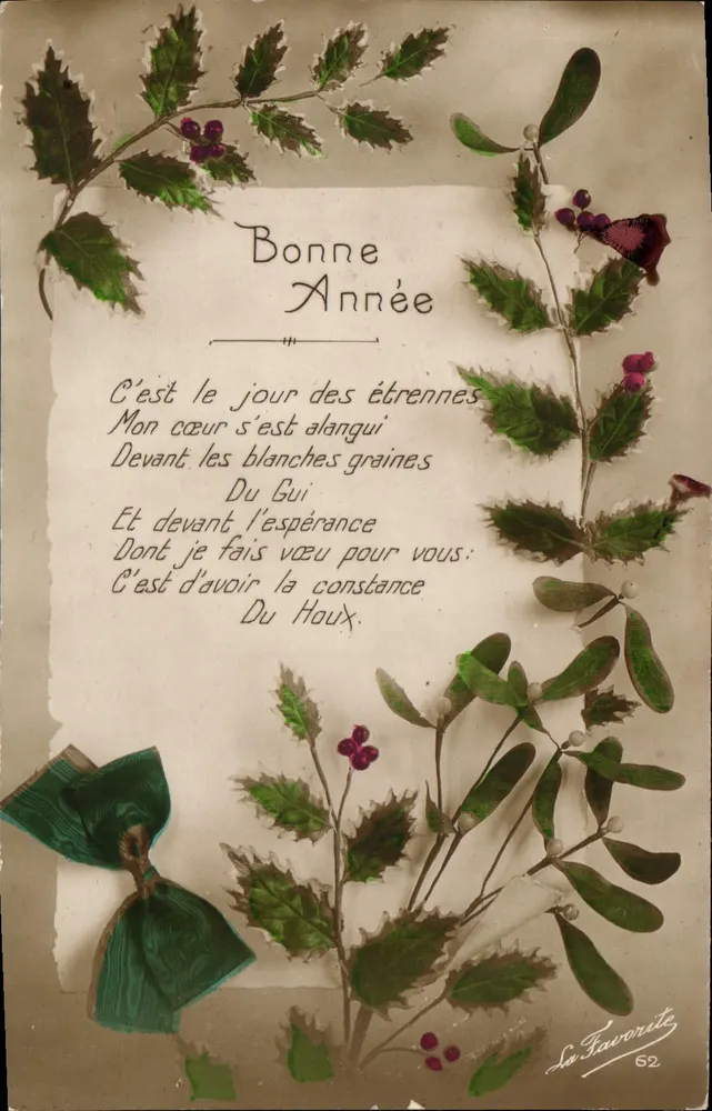 Bom Ano — Poema com decorações de gui e houx — La Favorite, n°62 - Frente