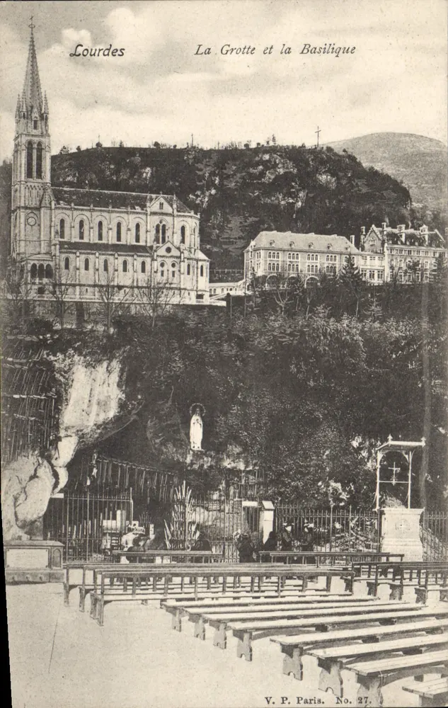 Lourdes — La Cueva y la Basílica — V.P. Paris. No. 27. - Anverso