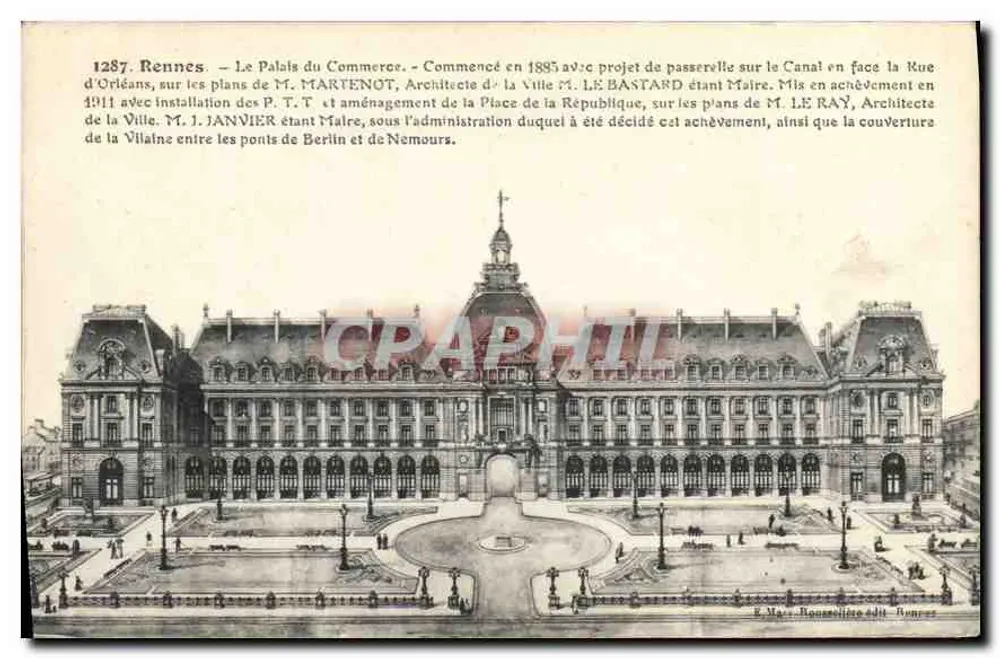 Rennes — O Palácio do Comércio — Editor E. Mars, Rennes, n° 1287 - Frente