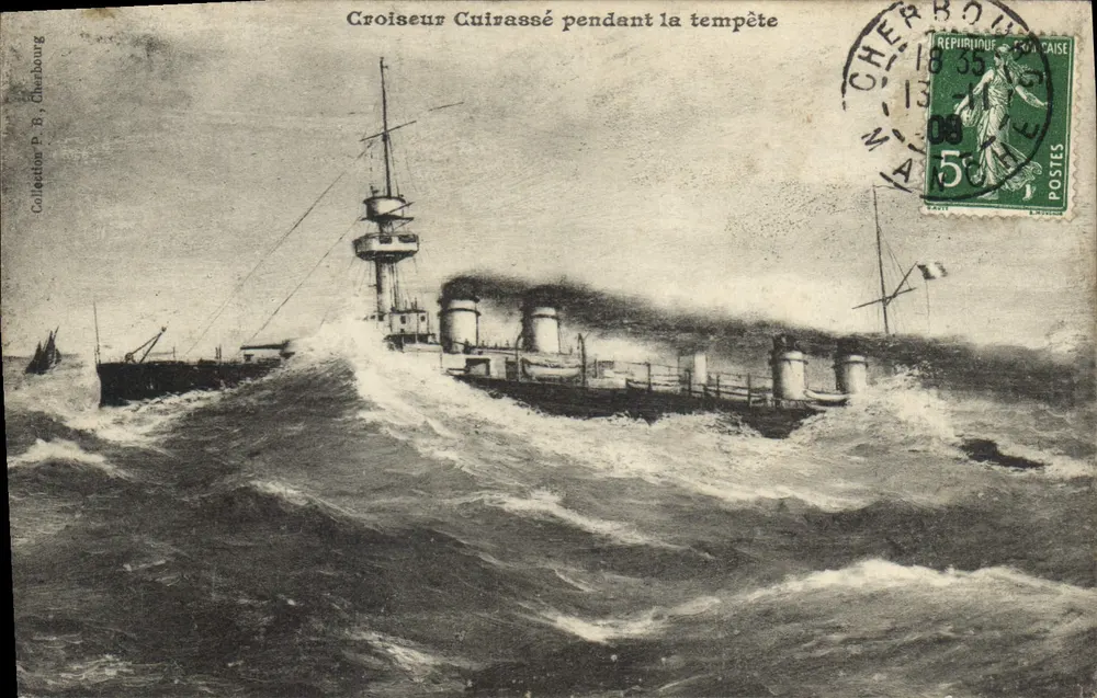 Cruiser corazzato durante la tempesta — Collezione P. B., Cherbourg — editore non visibile - Recto