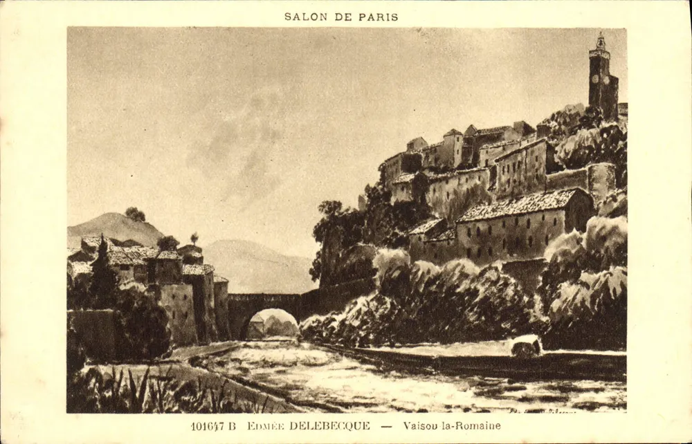 Vaisou-la-Romaine — Vista del paese e del ponte — Salon de Paris, Édmiée Delebecque, n° 101647 B - Recto