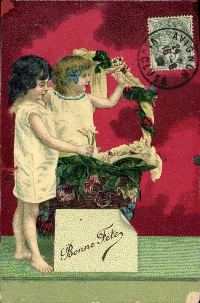 Zwei Kinder mit einem Blumenstrauß — Frohe Geburtstagsgrüße — J.C. Paris - Vorderseite
