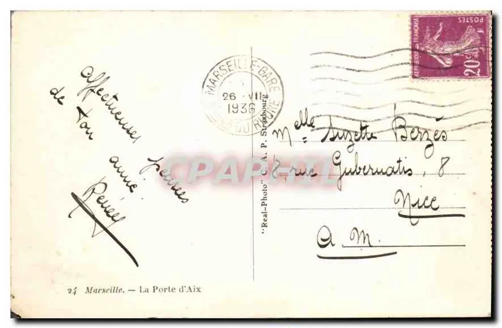 A Porta de Aix — Marselha — editor 'Real-Photo' n°24 - Verso