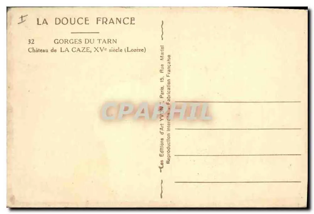 Schloss La Caze — Gorges du Tarn — Éditions d'Art Yvain, Paris - Rückseite