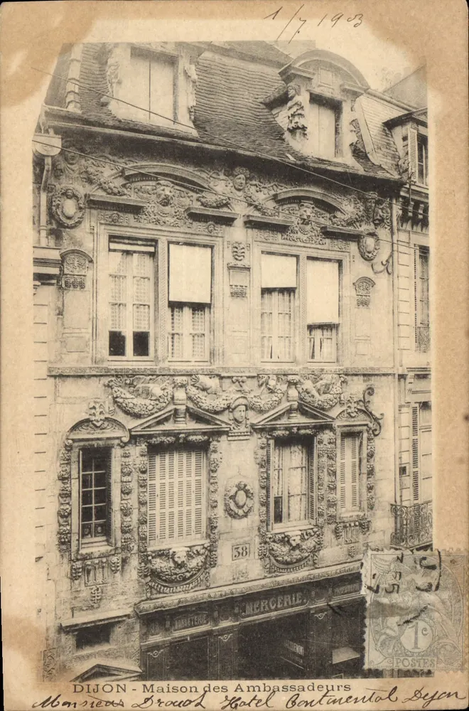 Dijon - Maison des Ambassadeurs — Hôtel Continental — editor Dejen, n° de série 58 - Frente