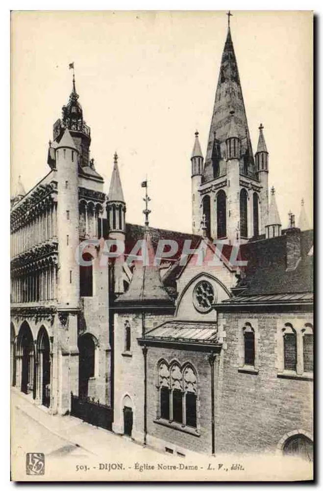 Dijon - Igreja de Nossa Senhora — vista da fachada e da torre com o edifício adjacente — L. V., edição - Frente