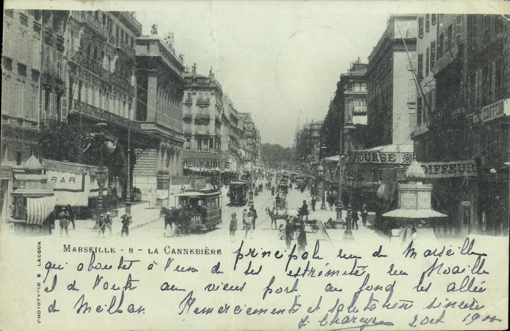 Marseille - A Rua La Cannébrière — principal rua de Marseille, que termina a oeste do velho porto e na extremidade da avenida da hora — Fototipia Lacour - Frente