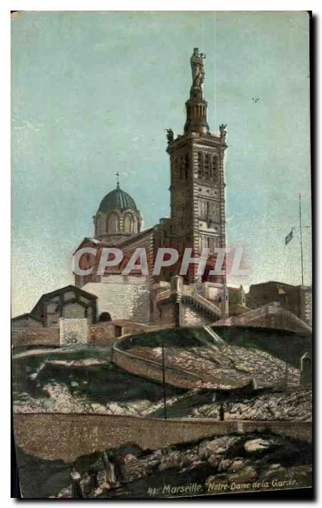 Marselha. Nossa Senhora da Guarda — vista da basílica e da estátua — editor L.V. & Cie, n° 44 - Frente