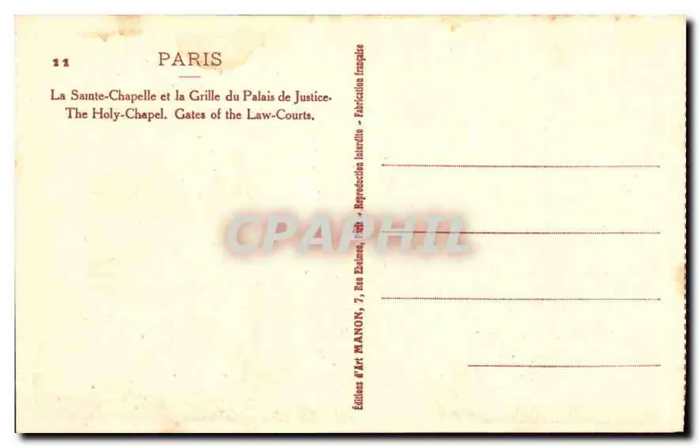 Die Heilige Kapelle — Gitter des Palais de Justice — Éditions d'Art MANON, Paris - Rückseite