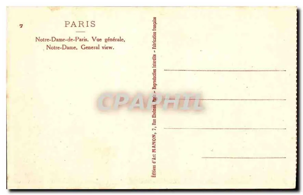 Notre-Dame de Paris — Vista geral — Edições de Arte MANON, 7, rue Ebléman, Paris - Verso