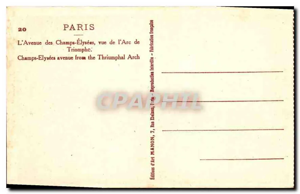 Paris — Avenue des Champs-Élysées Ansicht von der Arc de Triomphe — Éditions d'Art M. Anon, Nr. 20 - Rückseite