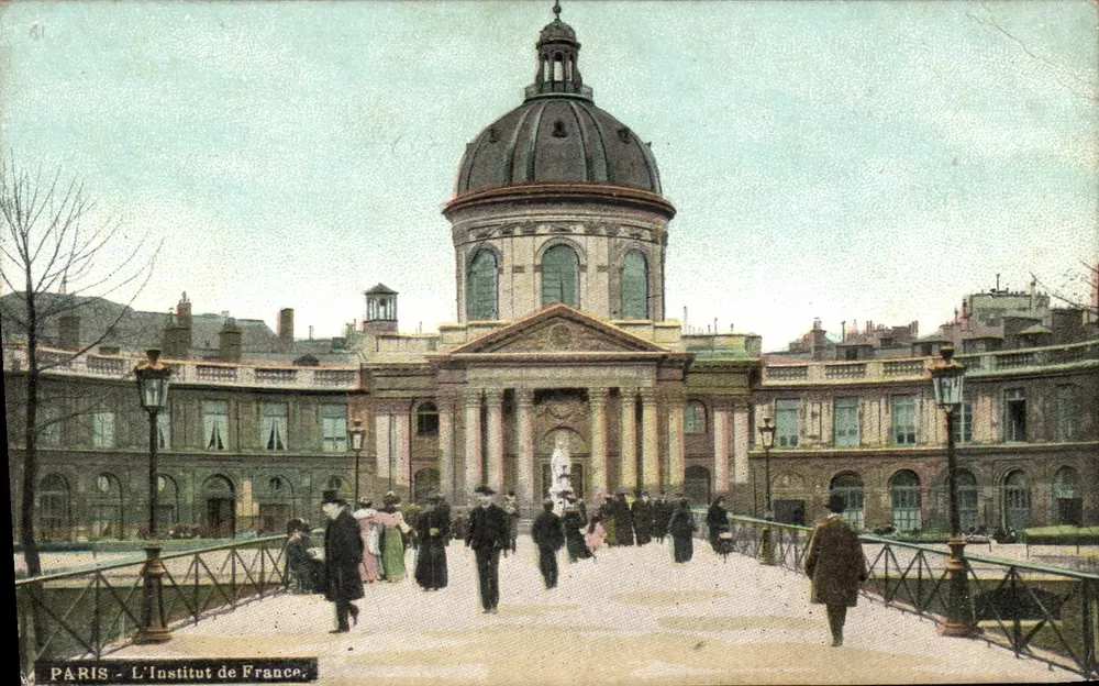 Paris - O Instituto da França — vista da fachada com domo e jardim - Frente