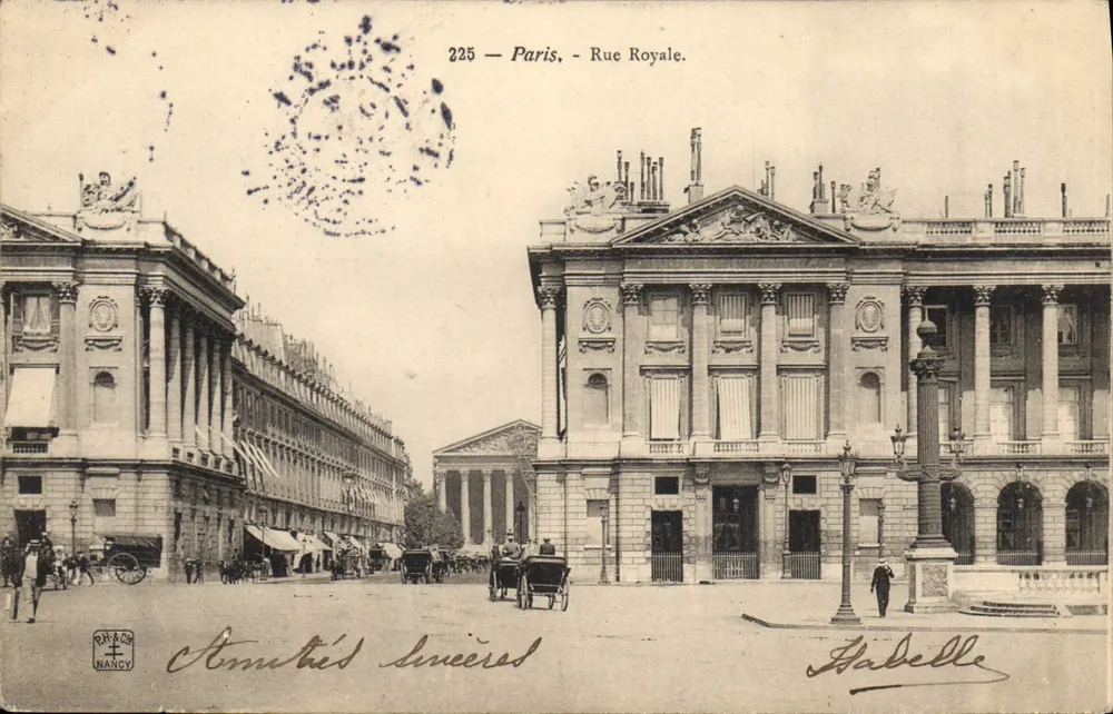 Paris - Rue Royale — vista dos edifícios clássicos — editor H. Babelle, NANCY, n° 225 - Frente