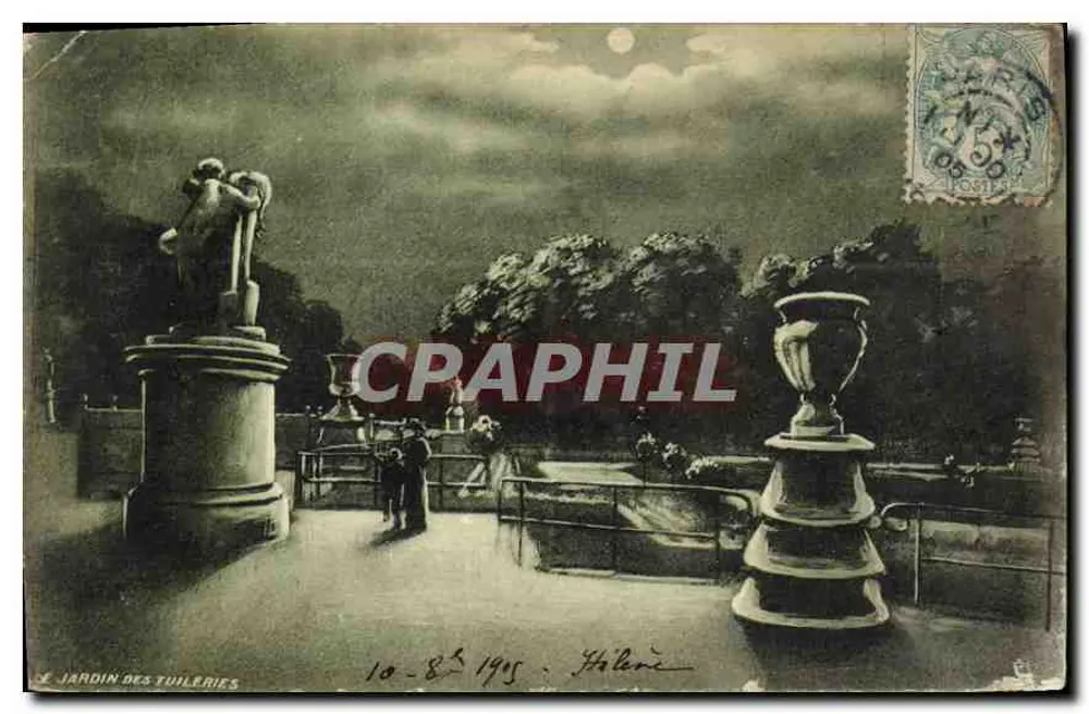 Il Giardino delle Tuileries — vista notturna con statue — Raphael Turk & Fils, n° 12 - Recto