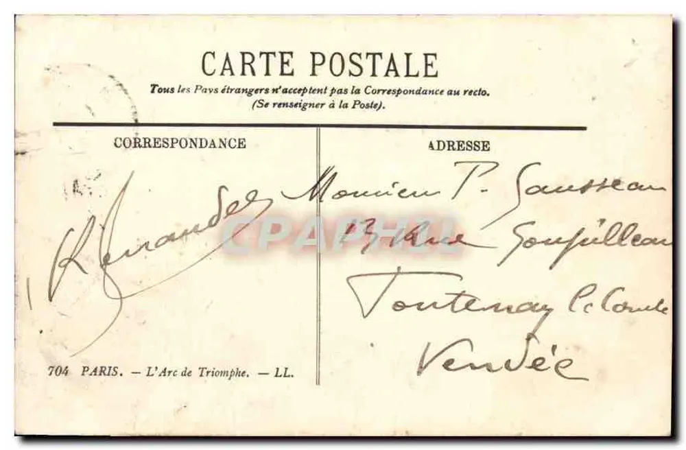 Paris — O Arco do Triunfo — LL, n°704 - Verso