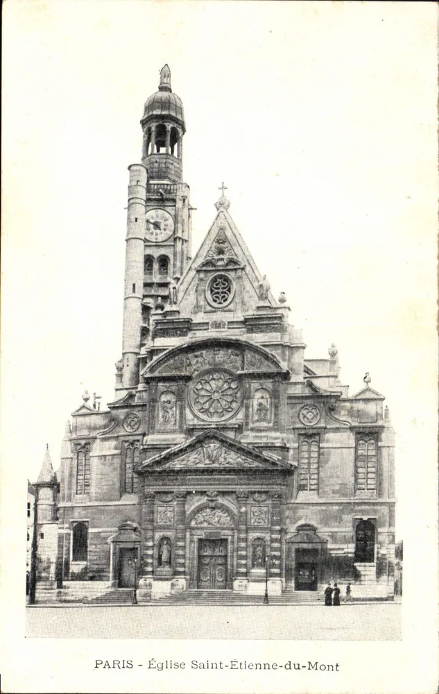 Paris - Kirche Saint Étienne du Mont — Ansicht der Fassade mit Turm und Rosefenster - Vorderseite